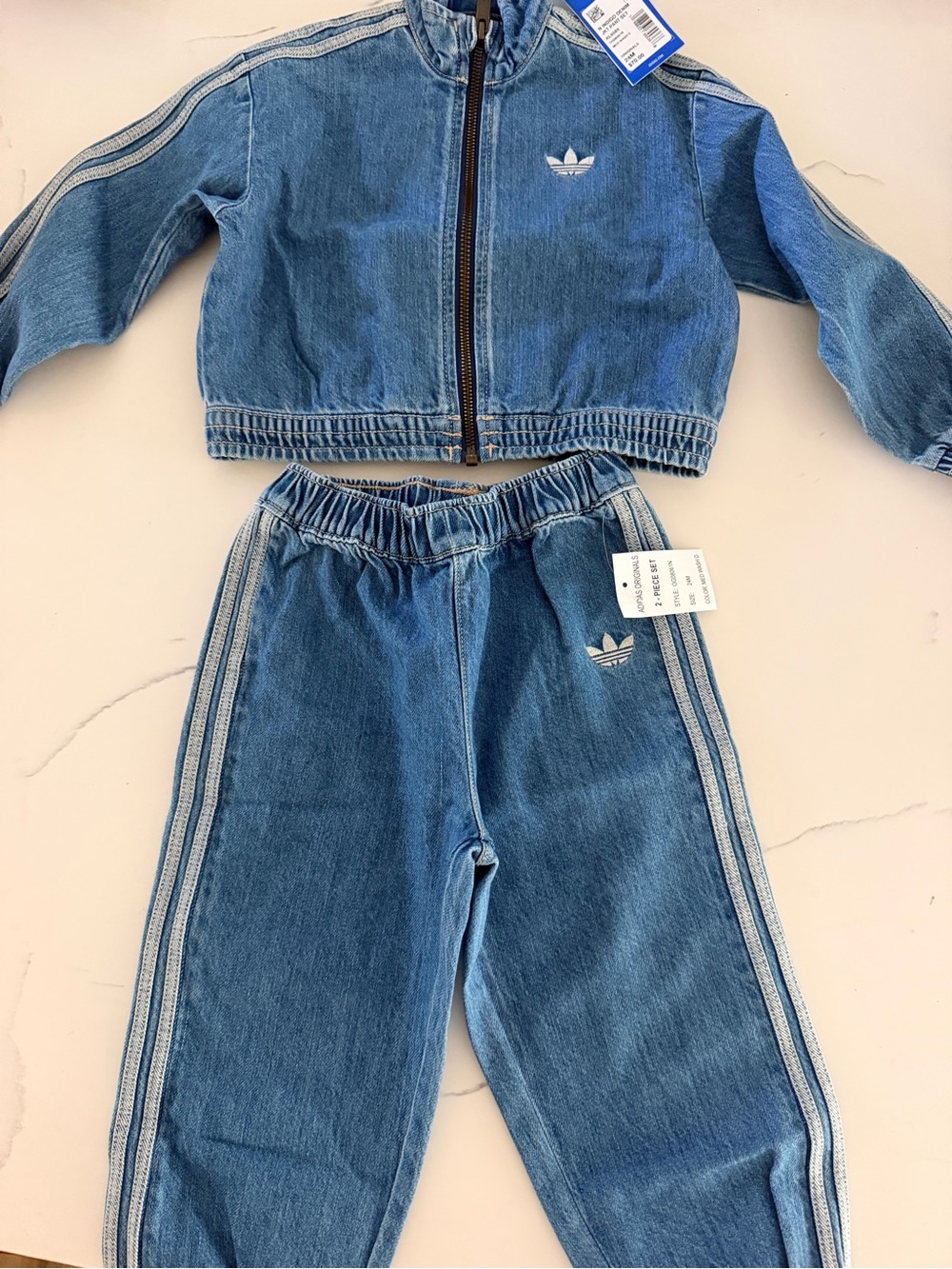 adidas Kids Light Blue Denim Track Jacket & Pants Set, size 24M / 2T